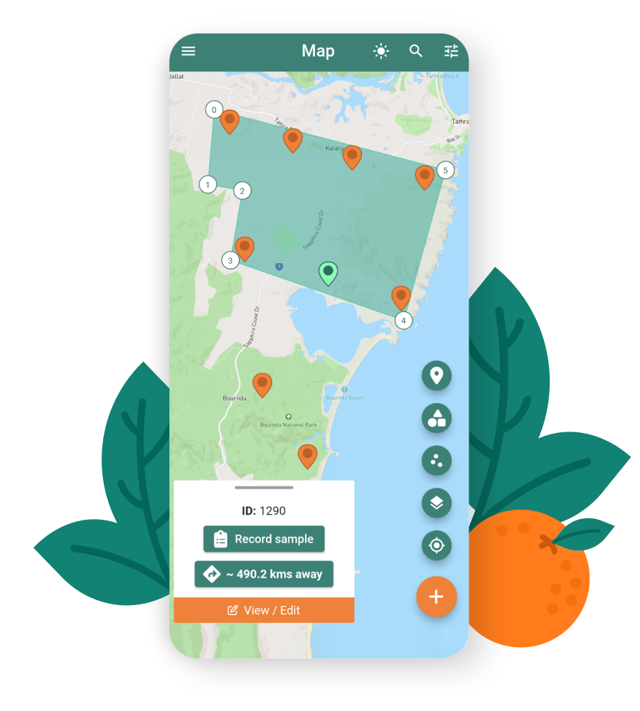 Locus mobile app screenshot preview of map view with assets, asset details, distance, and polygons.